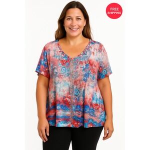 Gloria Vanderbilt Plus 2X V-Neck Top Rhinestone Studs Multicolor‎